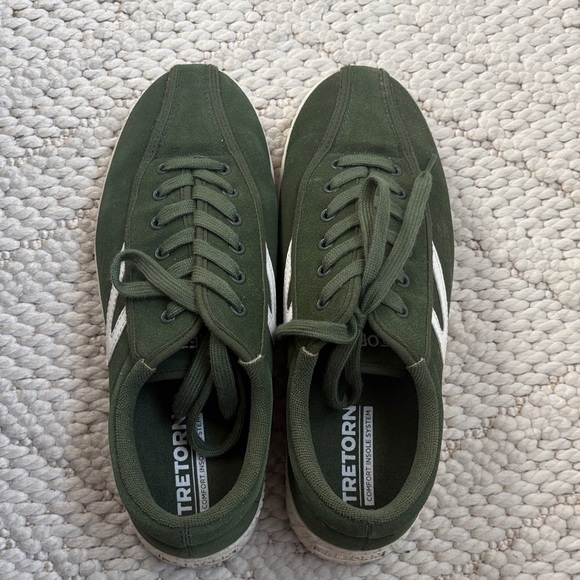 Tretorn Shoes - Tretorn Olive Green Canvas Low-Top Sneakers with White Side Stripe